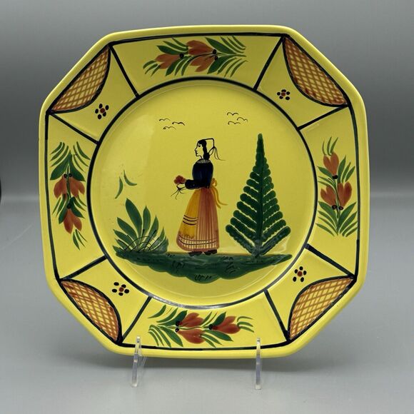HB Henriot Quimper SOLEIL YELLOW Breton Woman Octagonal 10 1/4" Dinner Plate - Picture 1 of 8